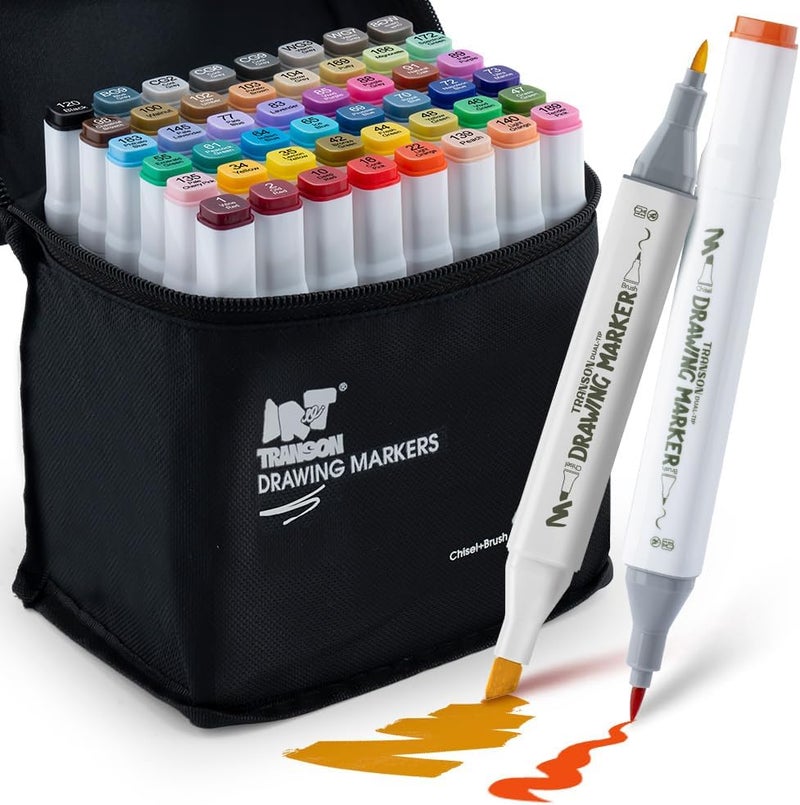 TRANSON Alcohol Markers for Drawing Coloring 48 Colors Dual-tip Chisel and Brush Tips - Image 1